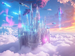 Obraz premium Futuristic crystal castle floats amidst vibrant clouds and spaceships. A fantasy scene of otherworldly beauty and technological wonder.