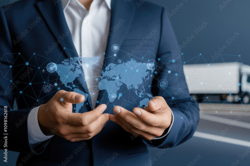 Poster businessman interacting with advanced technology, showcasing interconnected global data networks, em
