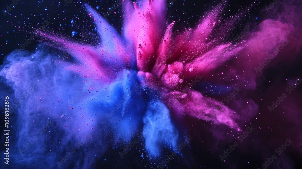 Poster a captivating image of pink and blue powder exploding in midair, forming dynamic clouds of vibrant c