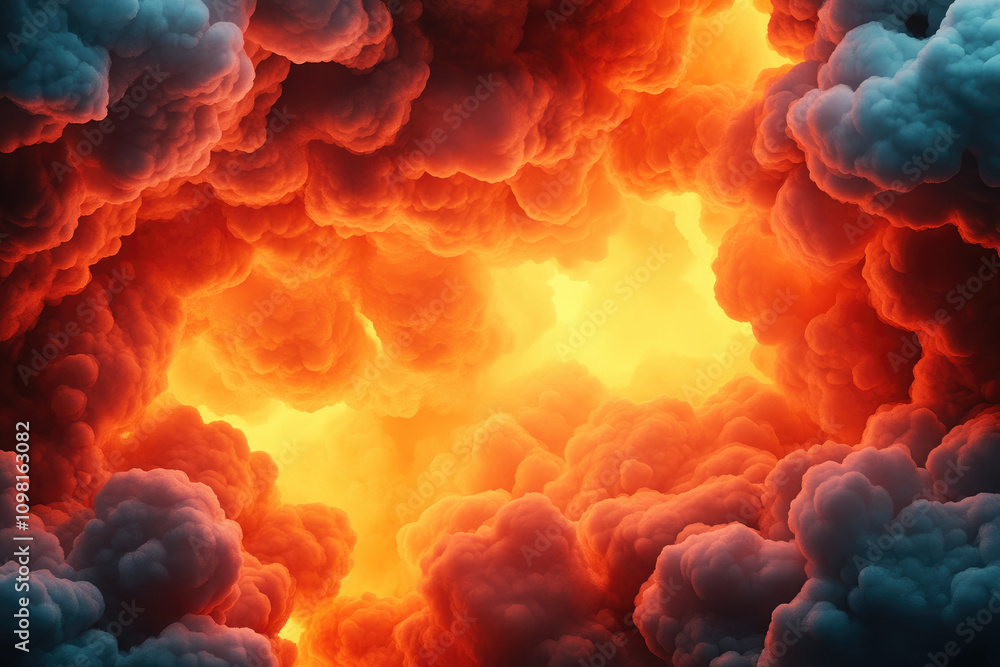 Poster vibrant fusion of clouds and flames, an abstract representation of dynamic textures, embodying inten