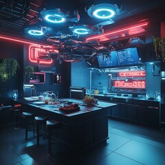 Obraz premium Neon-lit commercial kitchen with chef preparing food. Vibrant pink and blue lighting, modern design, stainless steel appliances. Ready for your food business.