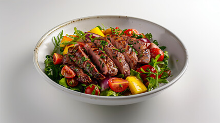 Fototapeta premium Grilled Niçoise salad with sliced steak, cherry tomatoes, and mixed greens in a white bowl