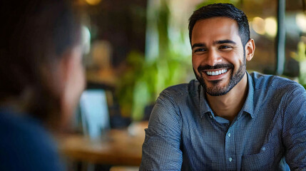 Obraz premium Smiling young businessman engaged in conversation with a colleague in a contemporary office setting