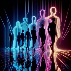 light reflected in the cut lines, neon silhouettes of people , modern life, passion, ambition and individuality.