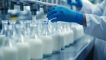Gloved hand fills glass milk bottles on a production line