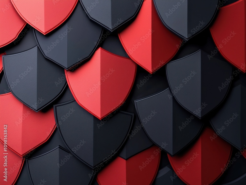Poster anti tracking technology conceptual. a close-up view of interlocking red and black shield-shaped til