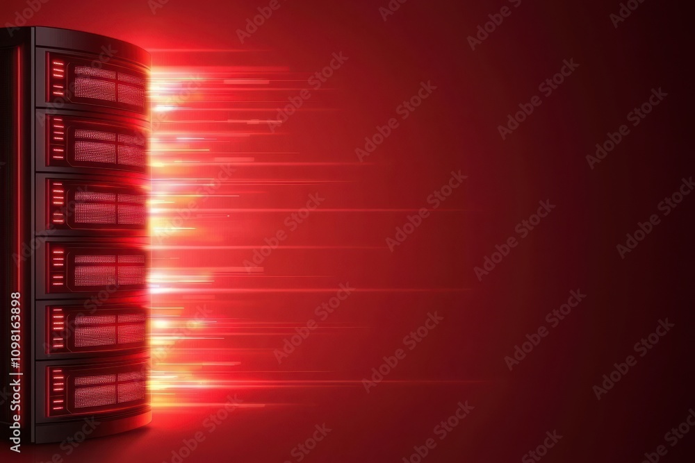 Poster a dynamic image of a data server emitting red light streaks, suggesting high-speed data transfer and