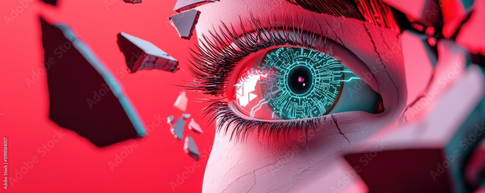 Poster anti tracking technology conceptual. an eye with a digital pattern emerges from fragmented surfaces 