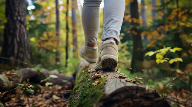 Woman walking on a log in the forest and balancing: physical exercise, healthy lifestyle, and harmony concept.