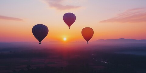 Fototapeta premium Colorful hot air balloons soar over a stunning desert landscape at sunset. created by ai