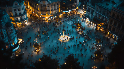 Fototapeta premium A busy city square at night, filled with people and lit by warm streetlights, as the surrounding buildings glow with light 