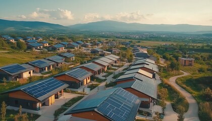 Obraz premium Panoramic view of a rural village integrated with solar farms and drone deliveries, harmony with nature