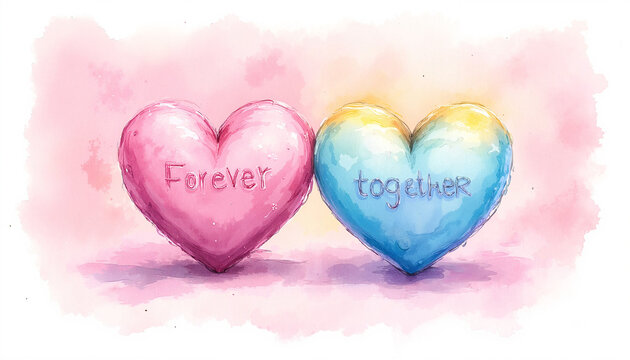 Fototapeta Two colorful hearts with inscriptions "Forever" and "together" on a romantic background for Valentine's Day