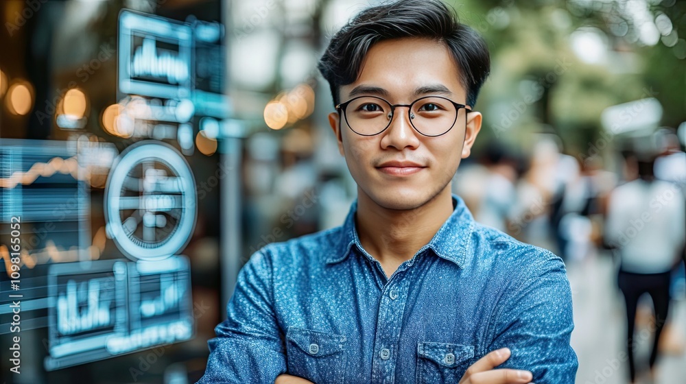 Poster man standing with crossed arms in front of futuristic trading screens showcasing financial graphs an