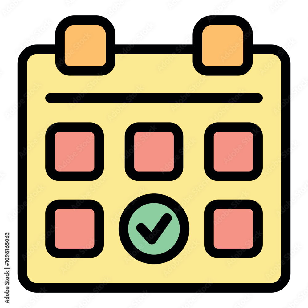 Poster calendar icon displaying scheduled event with check mark indicating completion or confirmation