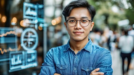 Obraz premium Man standing with crossed arms in front of futuristic trading screens showcasing financial graphs and complex metrics.