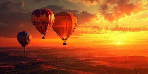 Naklejka premium Colorful hot air balloons soar over a stunning desert landscape at sunset. created by ai