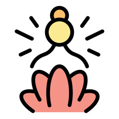 Obraz premium Cartoon meditating person levitating over lotus flower, radiating positive energy, representing mindfulness, meditation, and spiritual growth