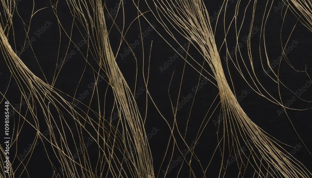 Poster background of fine golden threads on a black canvas, intricate abstract pattern
