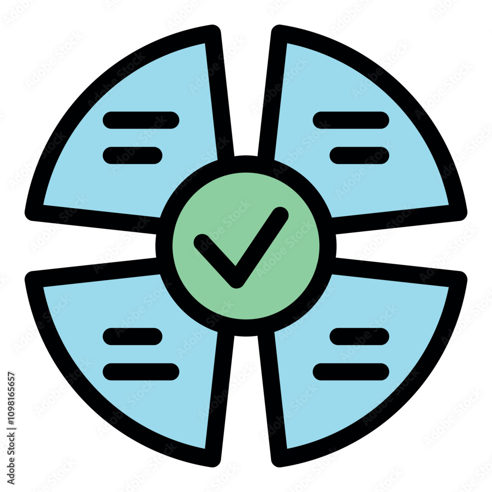 Poster visual representation of task completion using a circular chart with a prominent check mark, symboli