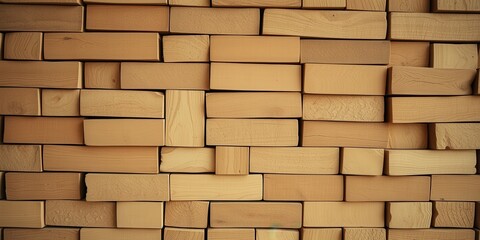 Fototapeta premium A textured wall created with an intricate arrangement of wooden blocks, showcasing the natural beauty of wood grain and the artistic potential of simple materials.
