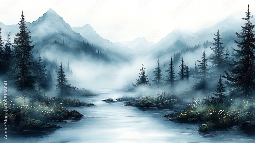 Poster serene misty mountain river scene with evergreen forest in morning fog : generative ai