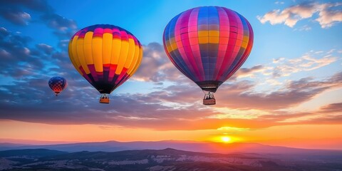 Fototapeta premium Colorful hot air balloons soar over a stunning desert landscape at sunset. created by ai