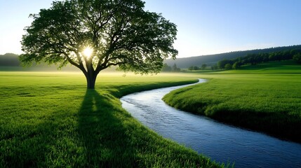 Obraz premium Soft Morning Sunlight Shines Over Dewy Green Meadow Symbolizing Freshness and Tranquility