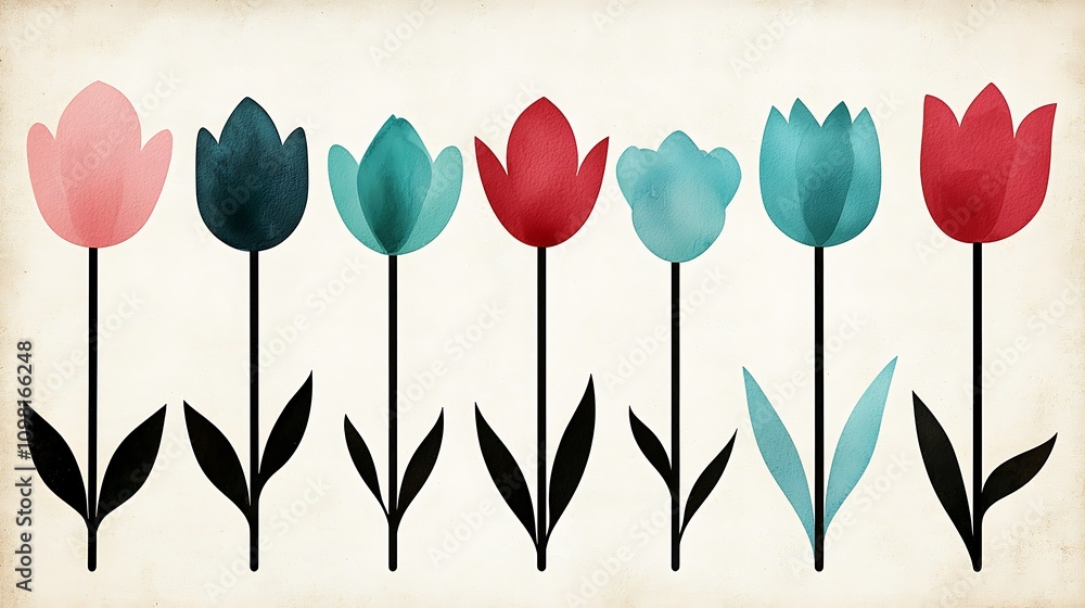 Poster abstract watercolor composition featuring colorful stylized flower shapes on a soft background with 