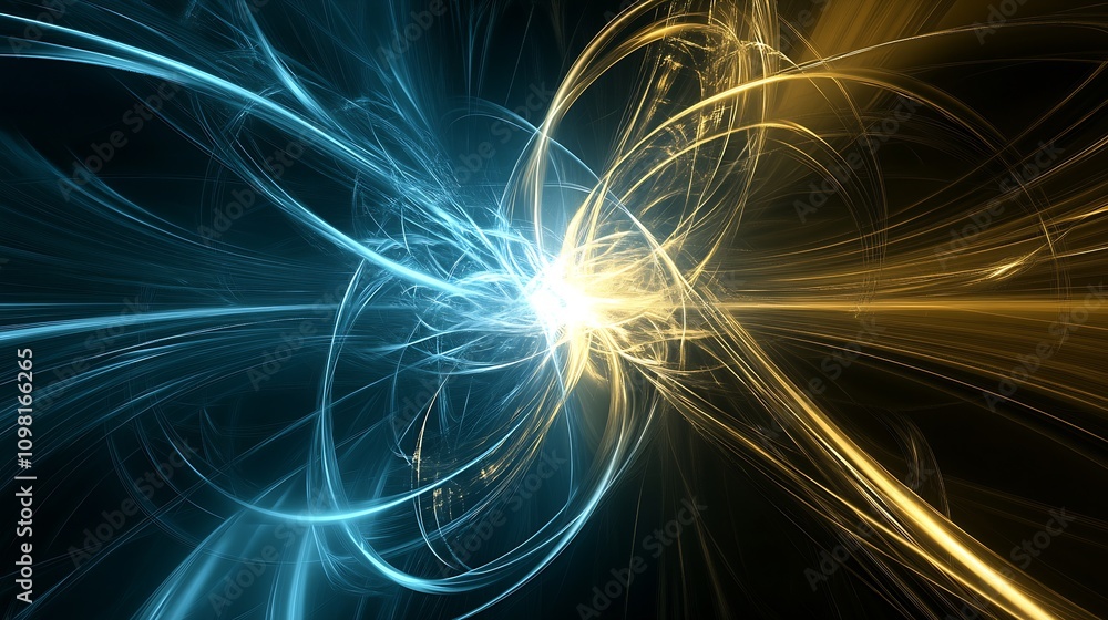 Poster abstract blue and gold swirling light pattern concept energy and movement : generative ai