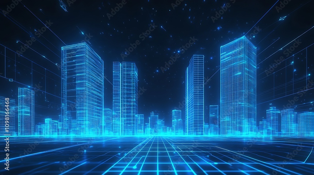 Aufkleber digital blue grid with abstract skyscrapers and virtual cityscape : generative ai