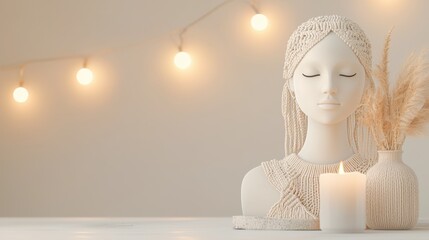 Serene decor featuring a bust, candle, and soft glowing lights to create a peaceful atmosphere.