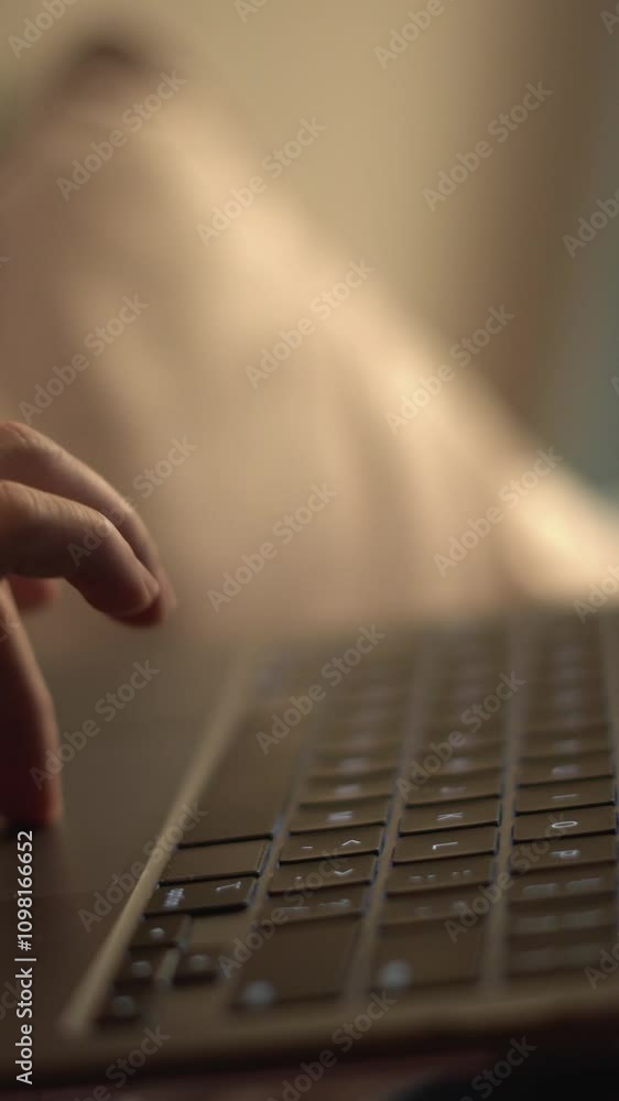 Aufkleber a closeup view of hands actively typing on a laptop while working from home in a cozy environment, h