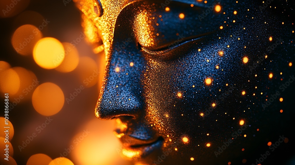 Poster Enlightened Buddha Sculpture with Sparkling Bokeh Background Highlighting Serenity : Generative AI