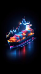 Dynamic financial graphs forming the shape of a cargo ship, stock market blend