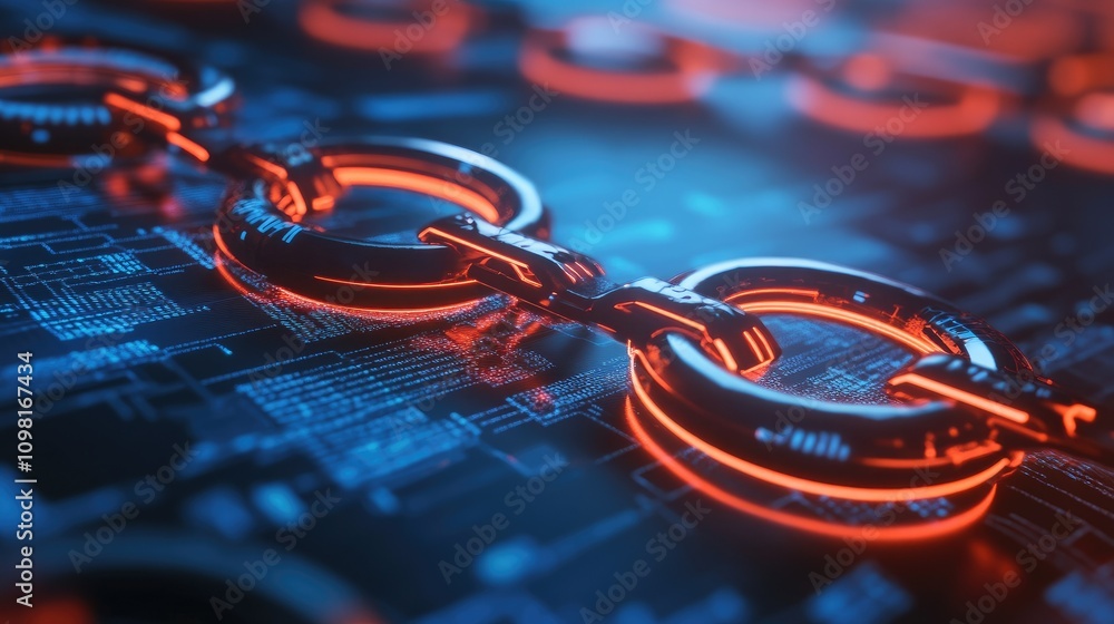 Poster 3D representation of blockchain technology with interconnected circular digital elements, visualizing secure data transfer.