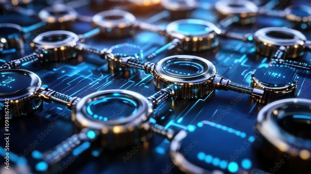 Poster 3D representation of blockchain technology with interconnected circular digital elements, visualizing secure data transfer.