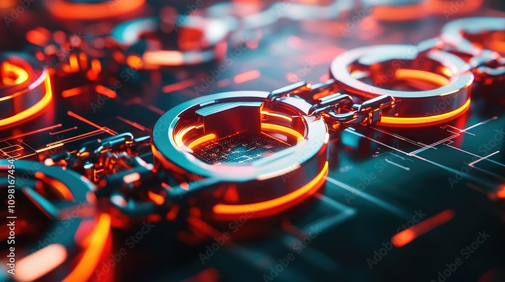Poster 3D representation of blockchain technology with interconnected circular digital elements, visualizing secure data transfer.