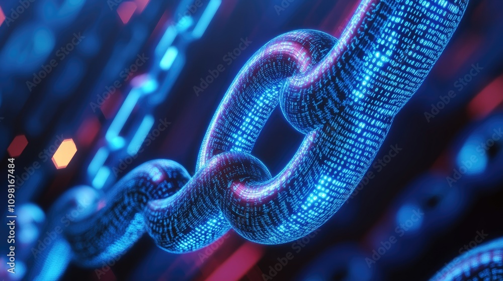 Poster 3D representation of blockchain technology with interconnected circular digital elements, visualizing secure data transfer.