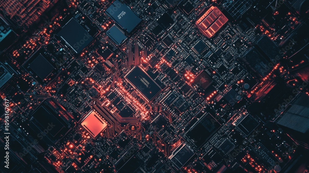 Poster a bird's-eye view of circuit boards, emphasizing the need for electronic waste recycling and the eco