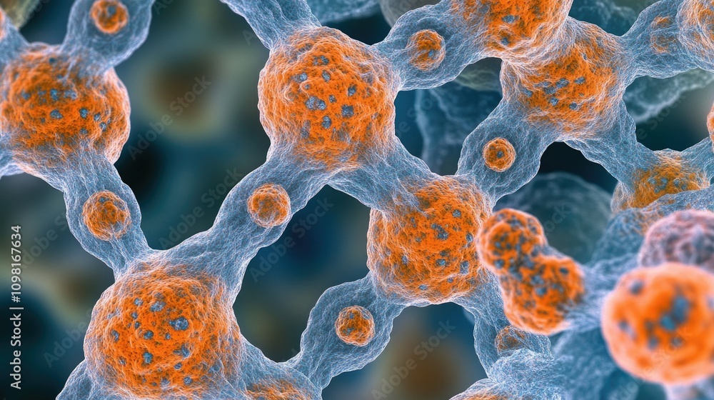 Poster A close-up view of DNA particles under a microscope, showcasing the double helix structure and intricate molecular details.