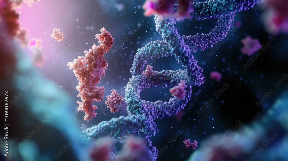 Poster A close-up view of DNA particles under a microscope, showcasing the double helix structure and intricate molecular details.
