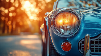 Vintage round headlight illuminating classic car in autumn setting  
