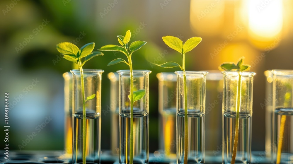 Poster a collection of seedlings in clear test tubes inside a research lab, symbolizing biotechnological ex