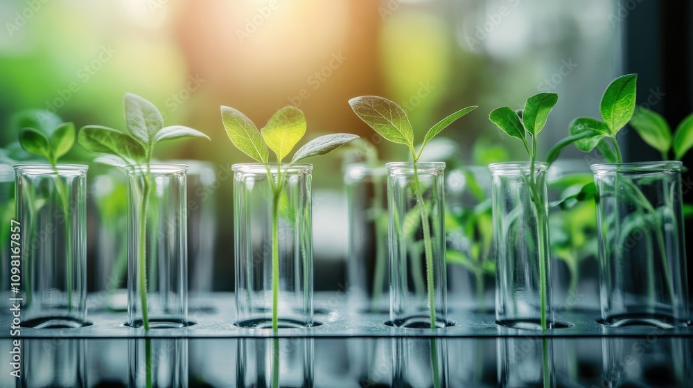 Poster a collection of seedlings in clear test tubes inside a research lab, symbolizing biotechnological ex