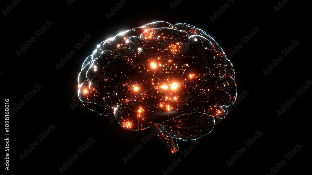 Poster A conceptual digital brain formed by glowing circuitry and neural networks, visualizing the power of artificial intelligence.