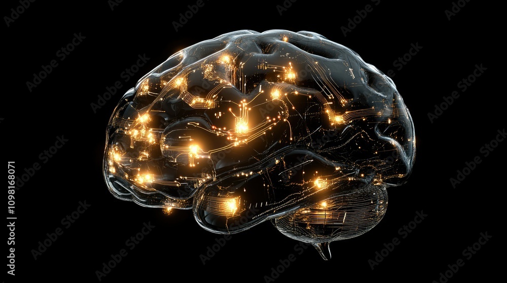 Poster A conceptual digital brain formed by glowing circuitry and neural networks, visualizing the power of artificial intelligence.
