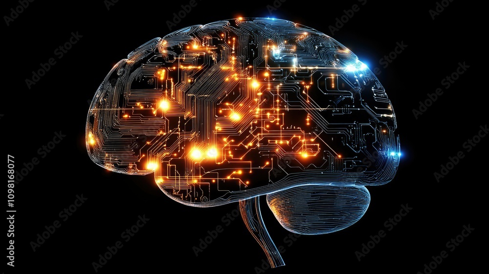 Aufkleber A conceptual digital brain formed by glowing circuitry and neural networks, visualizing the power of artificial intelligence.