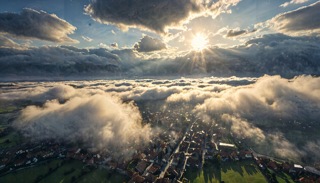 Rayon de soleil &agrave; travers les nuages au-dessus du village