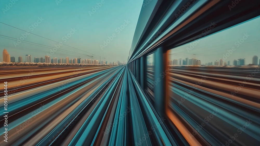 Poster Speeding train view from inside blurred motion with urban cityscape backdrop : Generative AI